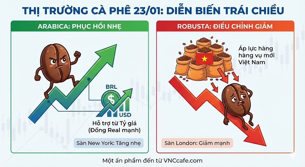Thị trường cà phê ngày 23/01: Arabica phục hồi nhờ tỷ giá, Robusta điểu chỉnh vì áp lực hang Việt Nam